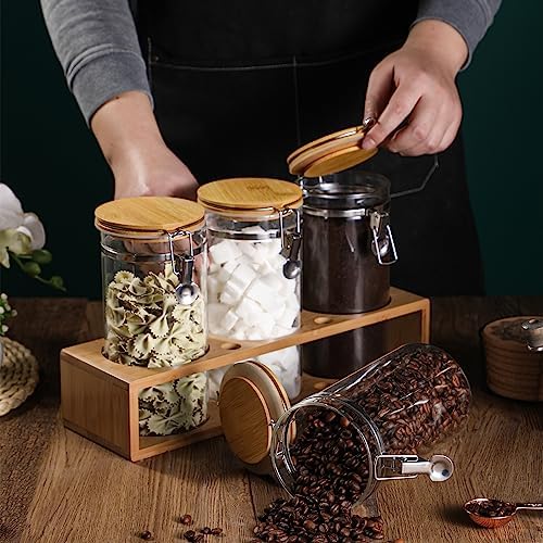 Glass Coffee Storage Container with Bamboo Shelf, 3PCS 49oz Airtight Sealed Coffee Bean Jar with Clamp Lid & Measuring Spoon, Kitchen Pantry Canister Set for Ground Coffee Sugar Tea Flour - Image 3