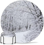 Winter Snow-Covered Trees Coasters for Drinks, Sets of 6 with Holder Natural Landscape Snow Path Absorbent Ceramic Coaster with Cork Base Decor for Wooden Table & Bar, Housewarming Gift Home Decor by TSRSUNFLOWER