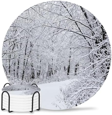 Winter Snow-Covered Trees Coasters for Drinks, Sets of 6 with Holder Natural Landscape Snow Path Absorbent Ceramic Coaster with Cork Base Decor for Wooden Table & Bar, Housewarming Gift Home Decor by TSRSUNFLOWER