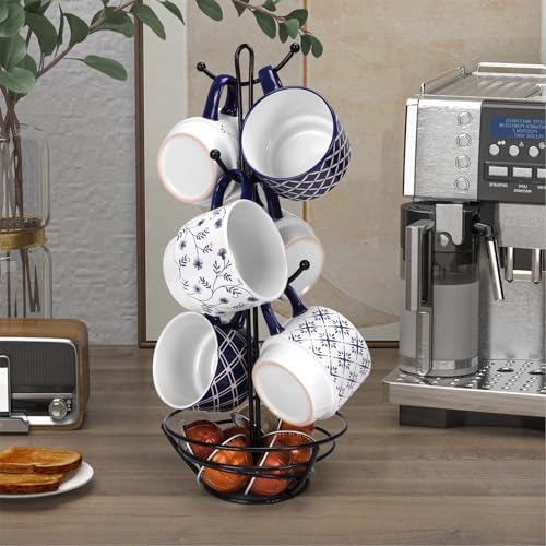 Schliersee 12 OZ Stackable Ceramic Coffee Mugs set of 6, Geometric Floral Pattern Small Mug, Blue White Porcelain Coffee Mug, Stacking Coffee Mugs, Tea Mug, Water Cup, Dishwasher Safe, Microwave Safe - Image 6