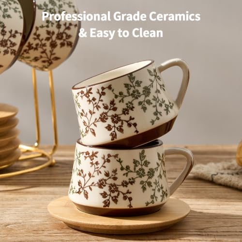LUKA Ceramic Coffee Espresso Cups with Saucers Set andMetal Stand, 4.4 oz Unique Porcelain Demitasse Cups ForTea, Espresso, Latte, Set of 6, Green and Beige - Image 6