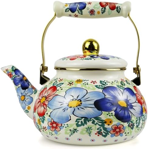 Floral Enamel Tea Kettle 2.5L Vintage Stovetop Teapot for Hot Water Tea by MersteadHome