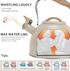 Tea Kettle, Vegoran 100 OZ / 3 Liter Whistling Tea Kettle, Tea Pots for Stove Top Food Grade Stainless Steel with Wood Pattern Folding Handle, Loud Whistle Kettle for Tea, Coffee, Milk (Milk White) - Image 2