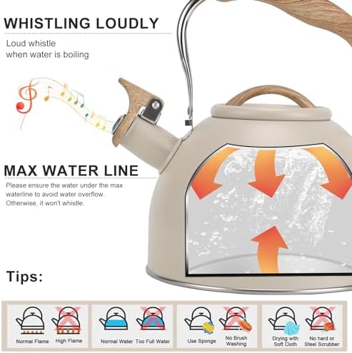 Tea Kettle, Vegoran 100 OZ / 3 Liter Whistling Tea Kettle, Tea Pots for Stove Top Food Grade Stainless Steel with Wood Pattern Folding Handle, Loud Whistle Kettle for Tea, Coffee, Milk (Milk White) - Image 2