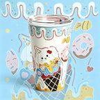 YQ&QMK 3D Embossed cartoon animals Ceramic Cup with Lid & Glass Straw, 16oz Hand-Painted Ice Cream Design Travel Coffee Tumbler, Cute Mug (Donut) - Image 4