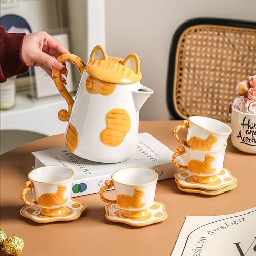 Porcelain Tea Set(1 Pot 4 Cups), Afternoon Tea Set, Suitable for Birthdays, Mother's Day, Christmas (Yellow Cat) - Image 5