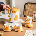 Porcelain Tea Set(1 Pot 4 Cups), Afternoon Tea Set, Suitable for Birthdays, Mother's Day, Christmas (Yellow Cat) - Image 5