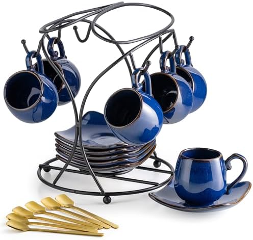 LYEOBOH 3oz Espresso Cups with Saucers, Small Coffee Cups Set of 6 with Spoons and Metal Stand, Ceramic Cute Demitasse Cups for Housewarming Wedding Gift, Cobalt Blue by LYEOBOH