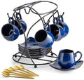 LYEOBOH 3oz Espresso Cups with Saucers, Small Coffee Cups Set of 6 with Spoons and Metal Stand, Ceramic Cute Demitasse Cups for Housewarming Wedding Gift, Cobalt Blue by LYEOBOH