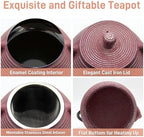 20.3oz Small Cast Iron Teapot, SECHUDO Tea Kettle for Stovetop Safe Coated with Enameled Interior, Tea Pot with Stainless Steel Infuser for Loose Tea (Pink Pinstripe Pattern) - Image 5