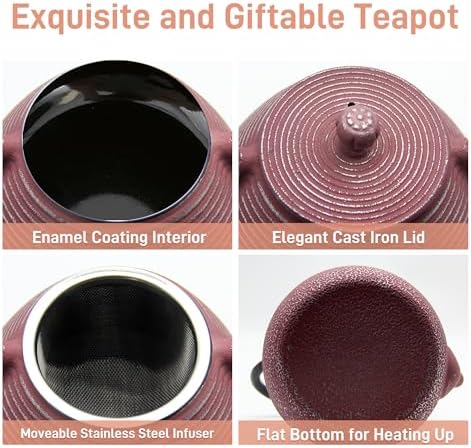 20.3oz Small Cast Iron Teapot, SECHUDO Tea Kettle for Stovetop Safe Coated with Enameled Interior, Tea Pot with Stainless Steel Infuser for Loose Tea (Pink Pinstripe Pattern) - Image 5