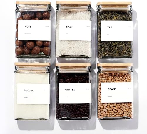 APT 1101 Glass Storage Jars with Bamboo Lid, glass canisters with airtight lids, Clear jars with lids for Spice, Cookie, Candy, Tea, Coffee Bean and Rice (White, 26 oz, Set of 6) by APT1101