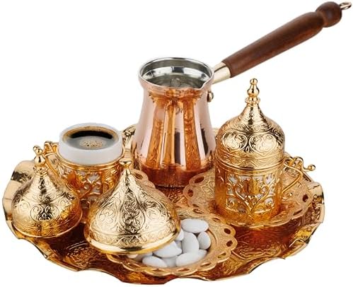 DEMMEX Turkish Greek Arabic Coffee Making and Serving Full Set with Cups Saucers Lids Sugar Bowl Tray and Copper Coffee Pot, 12 Pcs, Gold by DEMMEX