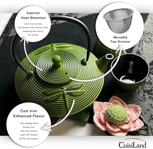Cuisiland 27oz Cast Iron Teapot Set, Japanese Tetsubin Teapot with Enamel Coated Interior, Dragonfly Design, Excellent Heat Retention, Includes Infuser, Trivet & 2 Tea Cups (Green) - Image 5