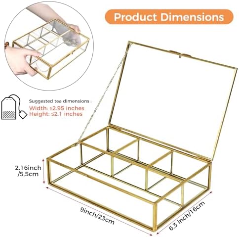 Gold Glass Tea Bag Organizer, Tea bag Storage Glass Box (4 Compartments) - Image 3
