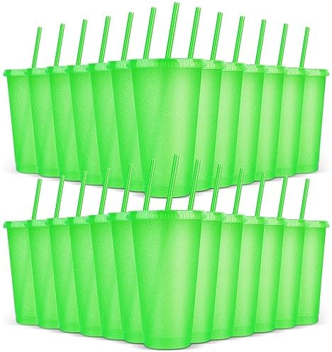 24 Pack Plastic Tumblers With Lids and Straws, Reusable Colorful Cups for Parties, Birthdays, Iced Coffee, Travel Mug, Cold Drinks (24 oz, Green) by LEIFEOSH