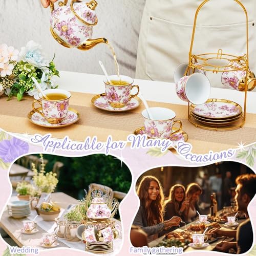 Zhehao 20 Pcs Porcelain Tea Set for Adult, with Metal Holder, Purple - Image 4