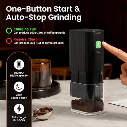 VEVOK CHEF Portable Electric Coffee Grinder,Adjustable Stainless Steel Burr Coffee Bean Mill,One-Button Grinder with USB Rechargeable,Auto‑Stop for Espresso to French Press,for Outdoor Use(Black) - Image 5