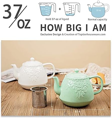 Toptier Cast Iron Teapot & Porcelain Teapot Set, 32 oz & 37 oz, Stovetop Safe, Green - Image 6