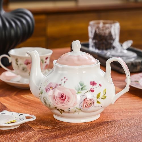 Rose Floral Complete Tea Set: 27oz Porcelain Teapot & 12-Piece 6oz Cup Set, Includes Teapot, 6 Cups & 6 Saucers, Dishwasher Safe, Elegant Gift Set - Image 7