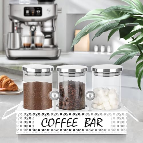 Glass Coffee Containers with Shelf 3x 47oz Coffee Station Organizer Glass Coffee Bean Storage with Spoon Coffee Canister Set Jars for Coffee Bean Ground Nuts - Image 2