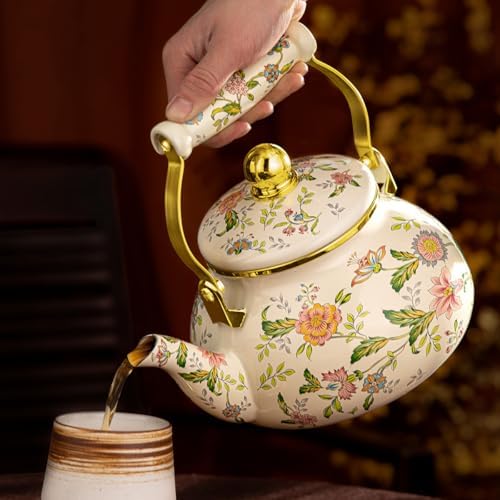 Enamel Tea Kettle – 2.5L Large Capacity Stovetop Teapot with Vintage Floral Pattern, Kettle for Stove, Ideal Small Tea Kettle for Gas & Induction Cooktops - Image 4