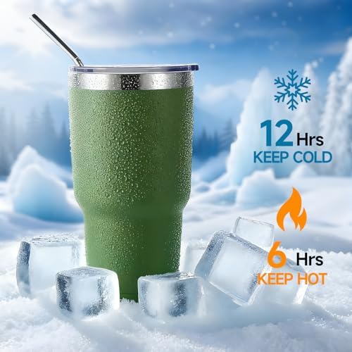 Volhoply 30oz Insulated Tumbler with Lid and Straw, Double Wall Inner & Outer 304 Stainless Steel Tumblers Bulk, Powder Coated Coffee Cup for Office, Home, Travel (Army Green,4 Pack) - Image 4