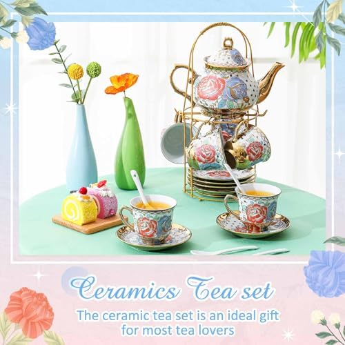 Zhehao 20 Pcs Porcelain Tea Set for Adult, with Metal Holder, Romantic - Image 5