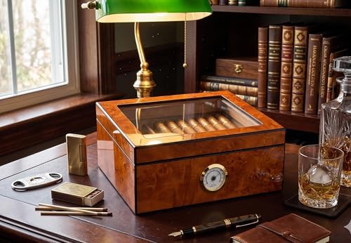 Cigar Humidor Case, Holds 25-50 Cigars, Tempered Glass Top Display, Handcrafted Spanish Cedar Wood Desktop Cigar Box with Divider, Humidifier, Hygrometer, Burlwood Blond, - Image 4