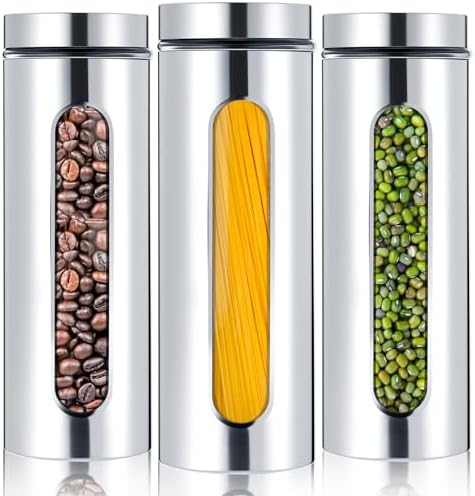 Mimorou 3 Pcs Stainless Steel Canister Set with Glass Windows Visible Storage Jars Silver Kitchen Canister Set for Pasta Flour Oat Sugar Container, Kitchen Tools, Housewarming Gifts(60 oz) by Mimorou