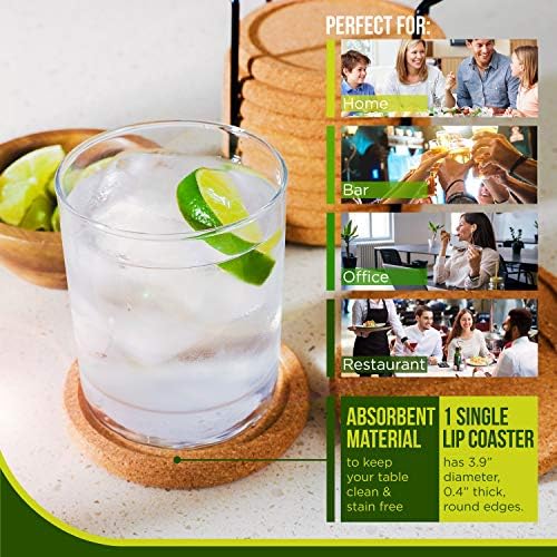 Cork Coasters with Lip for Drinks Absorbent | 12 Set 4 Inch Thick Rustic Saucer with Metal Holder Heat & Water Resistant | Best Reusable Natural Round Coasters for Bar Glass Cup Table - Image 4