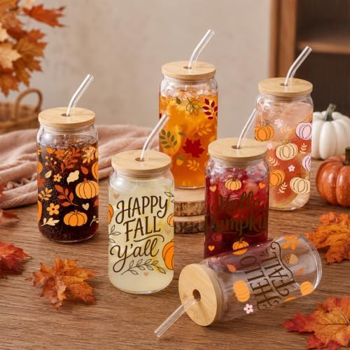 Fall Glass Cups with Lids and Straws, 6 Pack, 16oz, Hello Pumpkin - Image 6