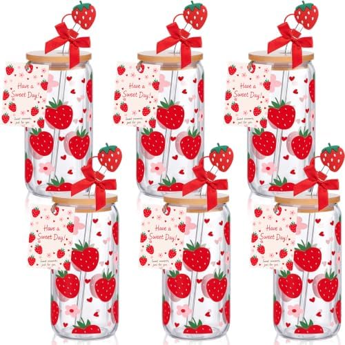 Vesici 6 Pcs Strawberry Glasses with Lid Straw and Stopper, Strawberry Gift by Vesici