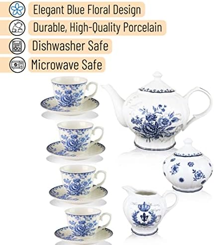 Brew To A Tea Blue Dream Tea Set, 48oz Teapot, 8oz Tea Cups, Saucers, Sugar Bowl, Creamer, Porcelain, Blue - Image 3