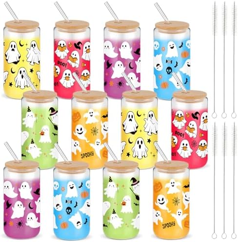 12 Pcs Halloween Glass Cups with Bamboo Lid Straw 16 Oz,White - Image 7