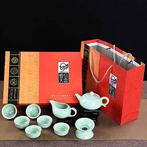 SGSG Japanese Cast Iron Tetsubin Teapot Chinese Tranditional Porcelain Celadon Carp Pattern Kung Fu Tea Set Teapot and Tea Cup 9 Pcs, for Home Office Business T - Image 5
