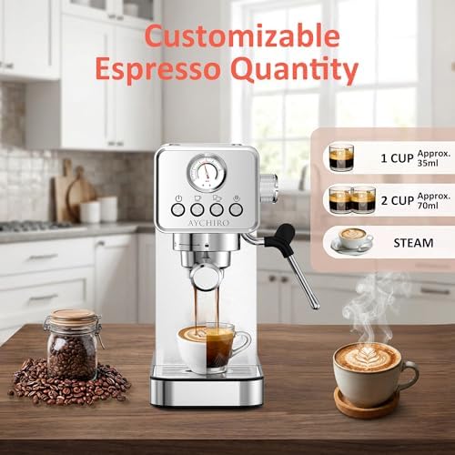 AYCHIRO 20 Bar Espresso Machine with Pressure Gauge, Compact Semi-Automatic Espresso Maker with Steam Wand, 1350W Fast Heating Coffee Machine with Removable 37oz Water Tank for Home Office - Image 5