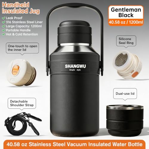 SHANGWU 40OZ Large Insulated Tumbler, 316 Food Grade Stainless Steel Vacuum Travel Cup, 24H Hot Cold for Camping Sports Outdoor(Gentleman Black, 40OZ 316 Stainless Steel Vacuum Insulated Water Bottle) - Image 3