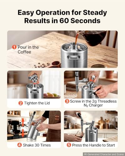 VEVOR Nitro Cold Brew Coffee Maker 68 oz Nitrogen Dispenser System, Home Brew Coffee Keg, Portable Nitrogen Infuser with Dispenser and Pressure Relieving Valve, Gift for Coffee Lovers - Image 6