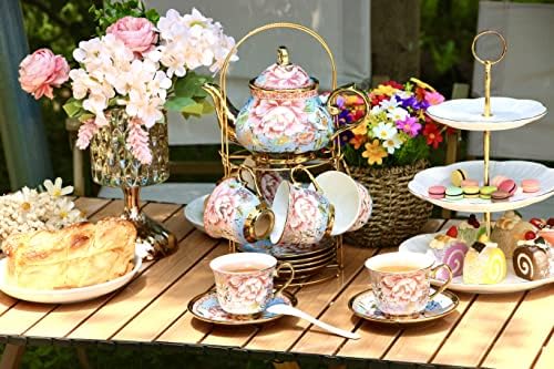 20 Pieces Porcelain Tea Set With Metal Holder, European Ceramic tea set for adults,Flower Tea Set,Tea Set For Women With Flower Painting(Large version, Light Blue)) - Image 3