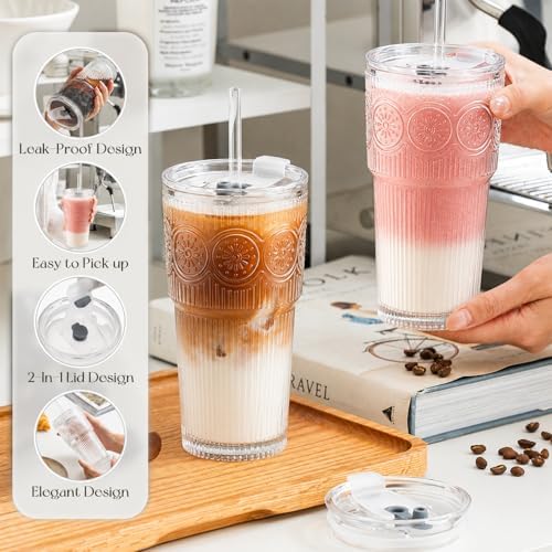 KEMORELA 20oz Ribbed&Floral Iced Coffee Cups with Lids, Reusable Glass Cups - Image 4