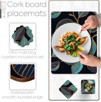 Set of 4 Heat Resistant Cork Placemats for Dining Table with Free Set of 4 Matching Drink Coasters Sage Green Marble Design 16 x 12 Inches Cork Backed Hard Placemats (Blue Gold Botanical) - Image 4