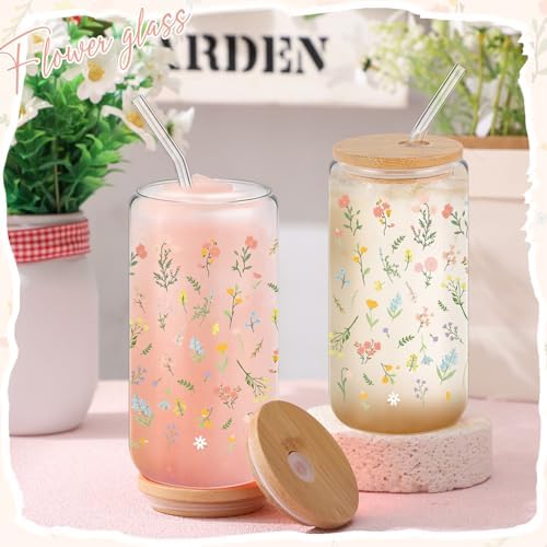 6 Set 16oz Christmas Glass Cups with Lid and Straw, Colorful Flowers - Image 3
