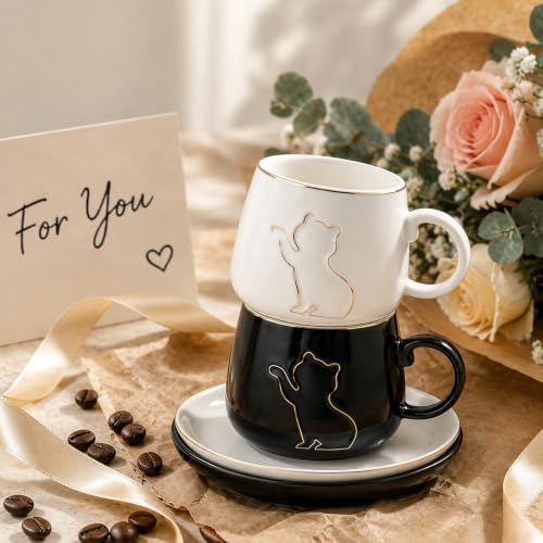 6 oz Ceramic Espresso Cups Set of 2 with Saucers Cat Coffee Cup Set with Gold Rim and Gift Box for Espresso Cappuccino and Coffee Black and White - Image 2