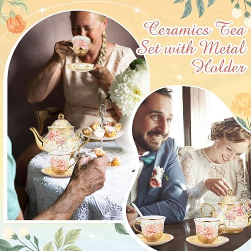 Zhehao 20 Pcs Porcelain Tea Set for Adult, with Metal Holder, Gorgeous - Image 6