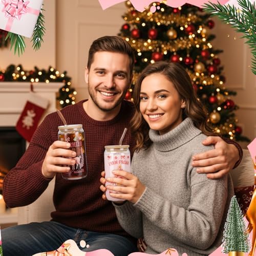 Vesici 6 Set Christmas Glasses Cups 16 oz Xmas Drink Cup with Lid Straw and Stopper Can Shaped Beer Tumbler Christmas Pink Appreciation Gifts with Cards and Bow for Women Birthday Party Favor - Image 4