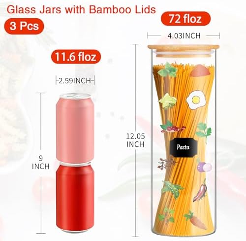 BGraceyy Glass Jars with Bamboo Lids, 72oz 3Pcs Kitchen Glass Containers with Bamboo Lids, Airtight Glass Pantry Storage Containers with Lids for Spaghetti, Pasta, Rice, Nuts, Flour, Bean, Dry Foods - Image 2