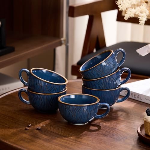 Coffeezone Set of 6 Vintage Design 12 oz Professional Barista Ceramic Latte Art Cappuccino Cups Set (Wave Blue) - Image 2
