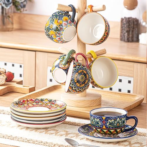 Henten Home 8.5 oz Ceramic Cappuccino Cups, Latte Cup with Saucers Set of 6 - Image 6