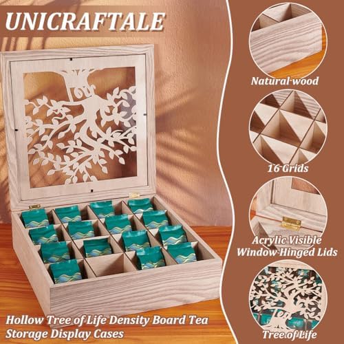 UNICRAFTALE Wood Tea Box Organizer Tan Tea Bags Holder 16 Compartment Hollow Tree of Life Tea Organizer Tea Bag Holder Organizer for Countertop Kitchen Cabinet Pantry 12.6x12.6x3.6 inch - Image 5